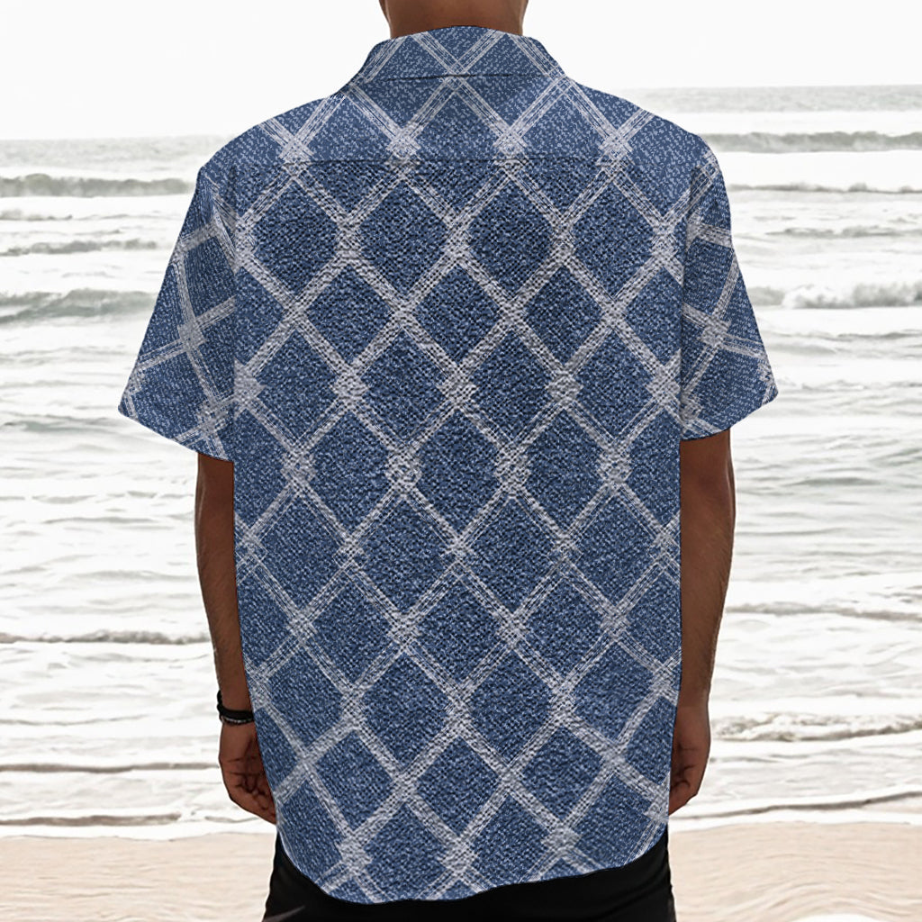 Geometric Denim Jeans Pattern Print Textured Short Sleeve Shirt