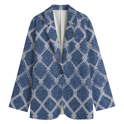Geometric Denim Jeans Pattern Print Women's Cotton Blazer