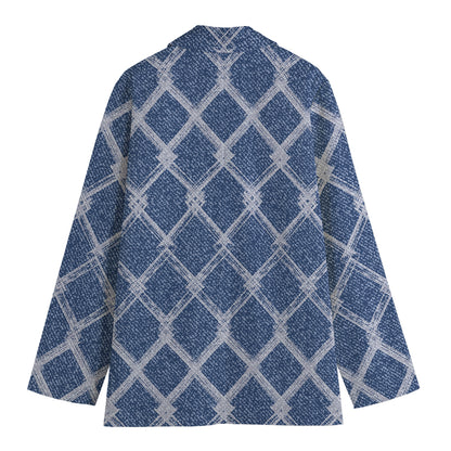 Geometric Denim Jeans Pattern Print Women's Cotton Blazer