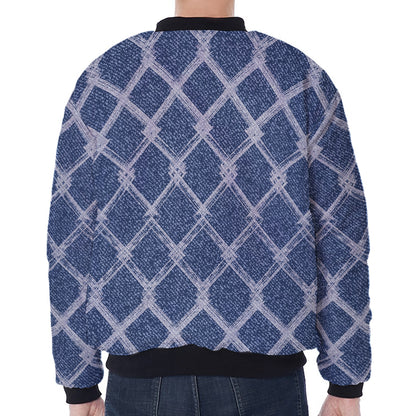 Geometric Denim Jeans Pattern Print Zip Sleeve Bomber Jacket