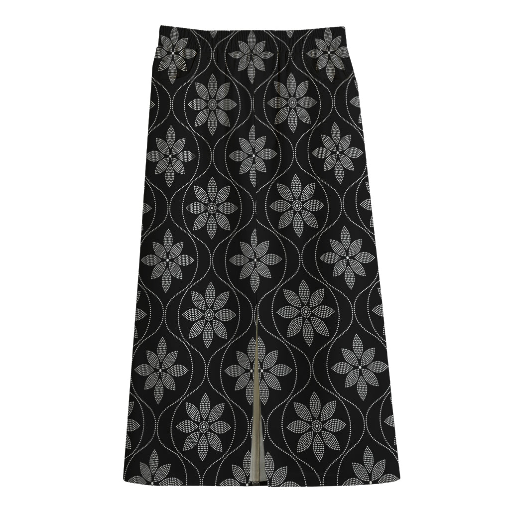 Geometric Dot Flower Pattern Print Cotton Front Slit Maxi Skirt