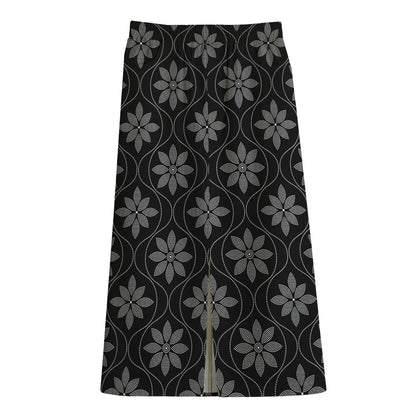 Geometric Dot Flower Pattern Print Cotton Front Slit Maxi Skirt