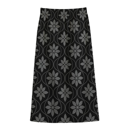 Geometric Dot Flower Pattern Print Cotton Front Slit Maxi Skirt