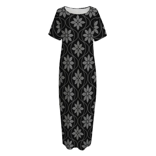Geometric Dot Flower Pattern Print Short Sleeve Long Nightdress