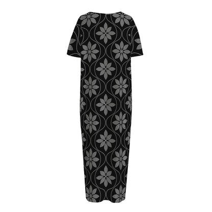 Geometric Dot Flower Pattern Print Short Sleeve Long Nightdress