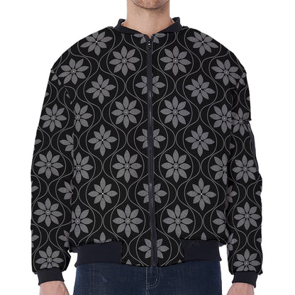Geometric Dot Flower Pattern Print Zip Sleeve Bomber Jacket