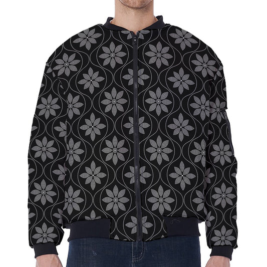 Geometric Dot Flower Pattern Print Zip Sleeve Bomber Jacket