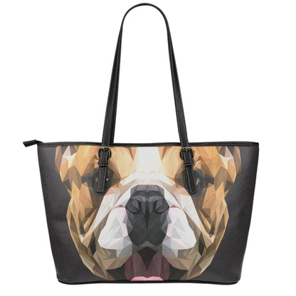 Geometric English Bulldog Print Leather Tote Bag