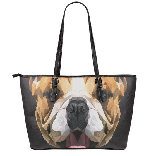 Geometric English Bulldog Print Leather Tote Bag