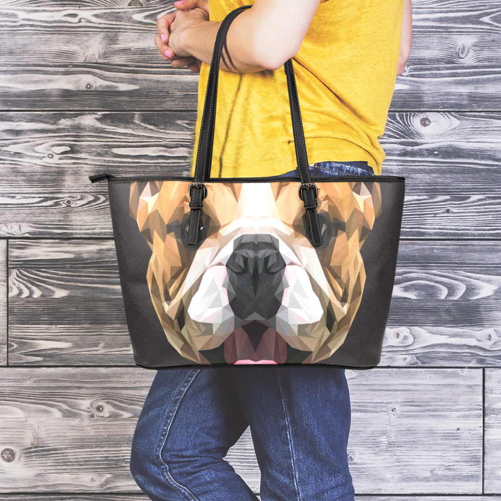 Geometric English Bulldog Print Leather Tote Bag
