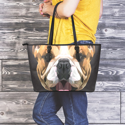 Geometric English Bulldog Print Leather Tote Bag