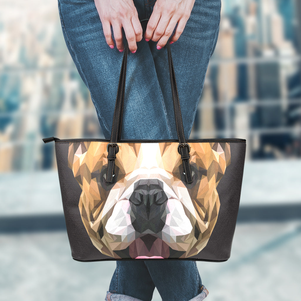 Geometric English Bulldog Print Leather Tote Bag