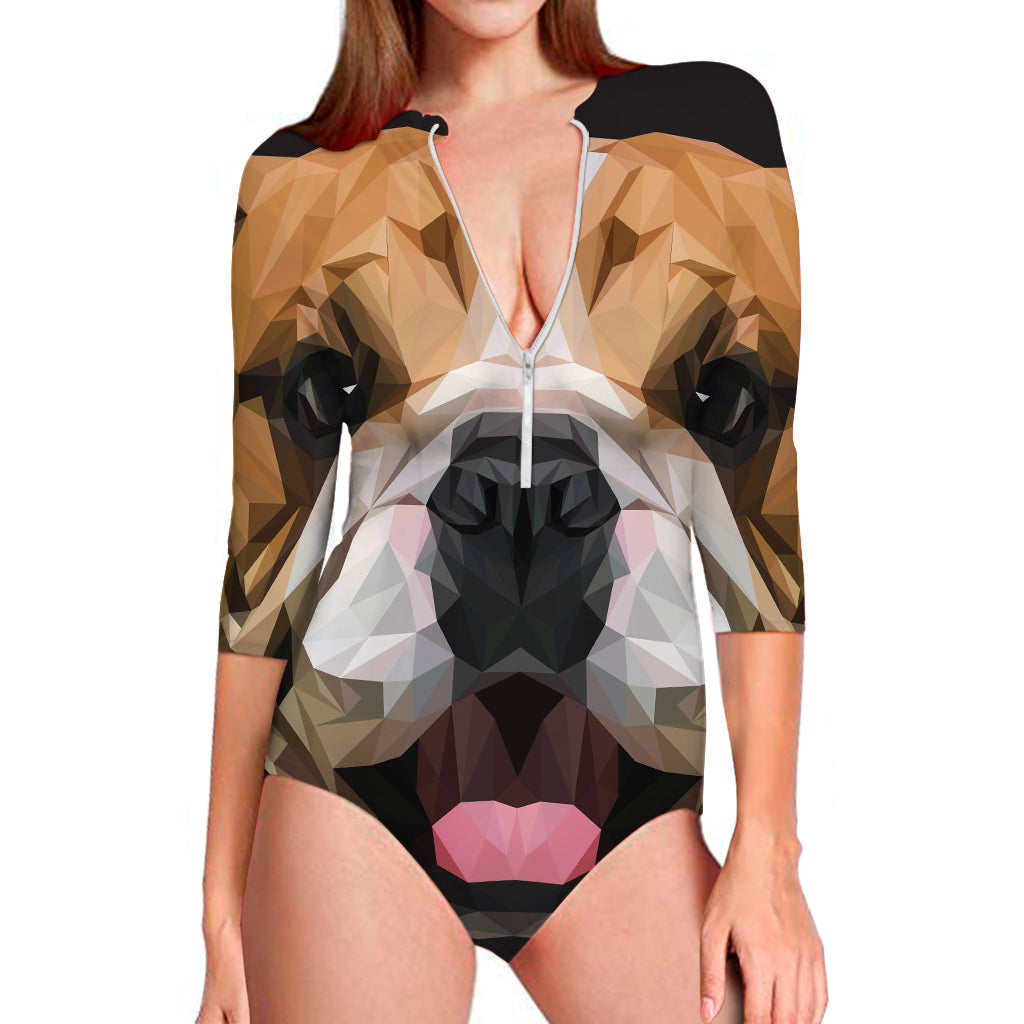 Geometric English Bulldog Print Long Sleeve Swimsuit