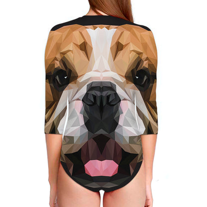 Geometric English Bulldog Print Long Sleeve Swimsuit