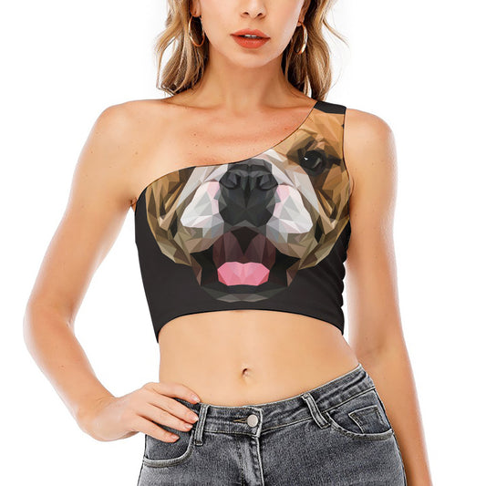 Geometric English Bulldog Print One Shoulder Crop Top