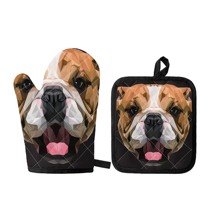 Geometric English Bulldog Print Oven Mitt And Pot Holder Set