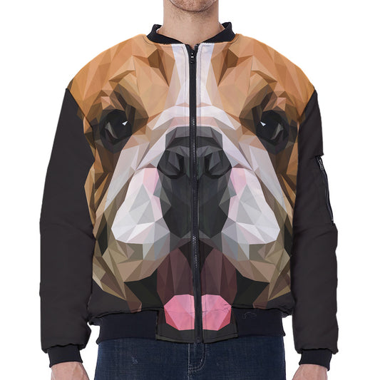 Geometric English Bulldog Print Zip Sleeve Bomber Jacket