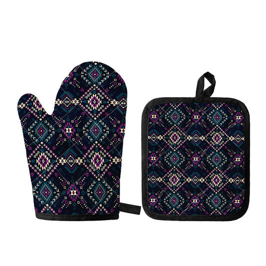 Geometric Ethnic Navajo Pattern Print Oven Mitt And Pot Holder Set