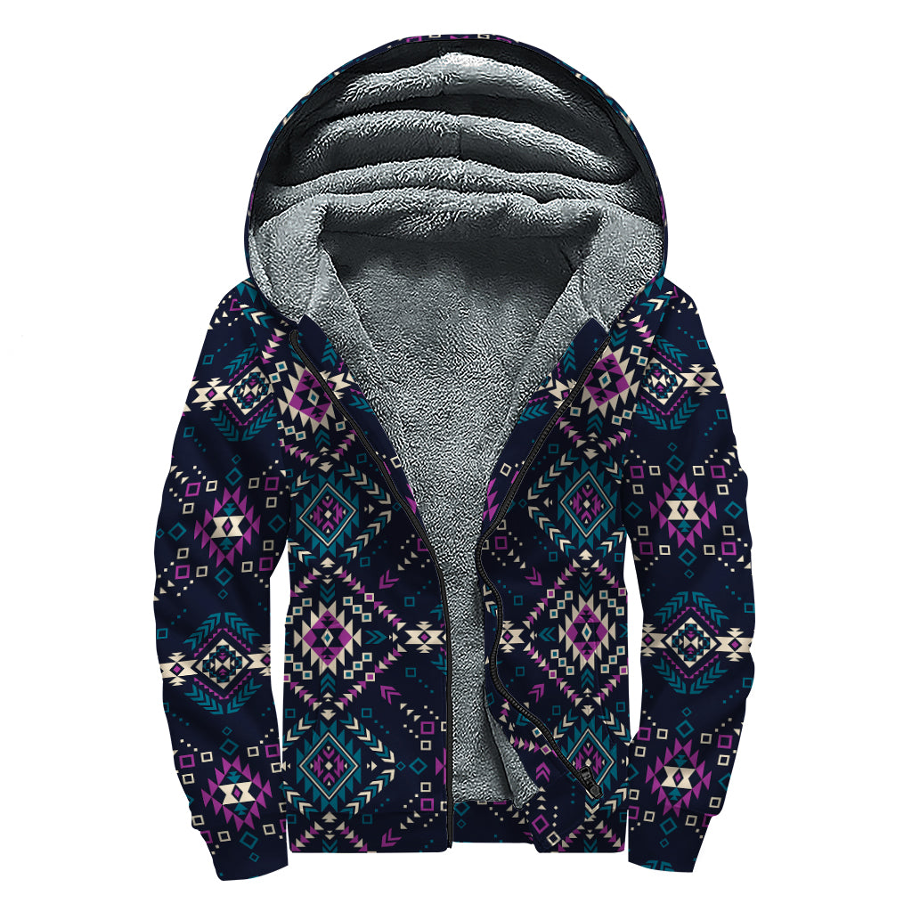 Geometric Ethnic Navajo Pattern Print Sherpa Lined Zip Up Hoodie