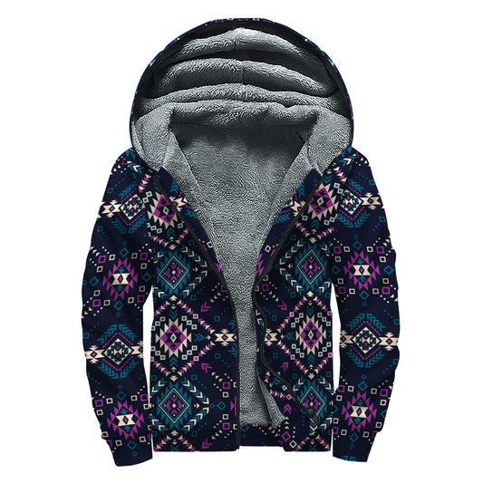 Geometric Ethnic Navajo Pattern Print Sherpa Lined Zip Up Hoodie