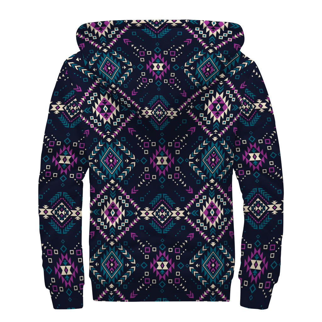 Geometric Ethnic Navajo Pattern Print Sherpa Lined Zip Up Hoodie