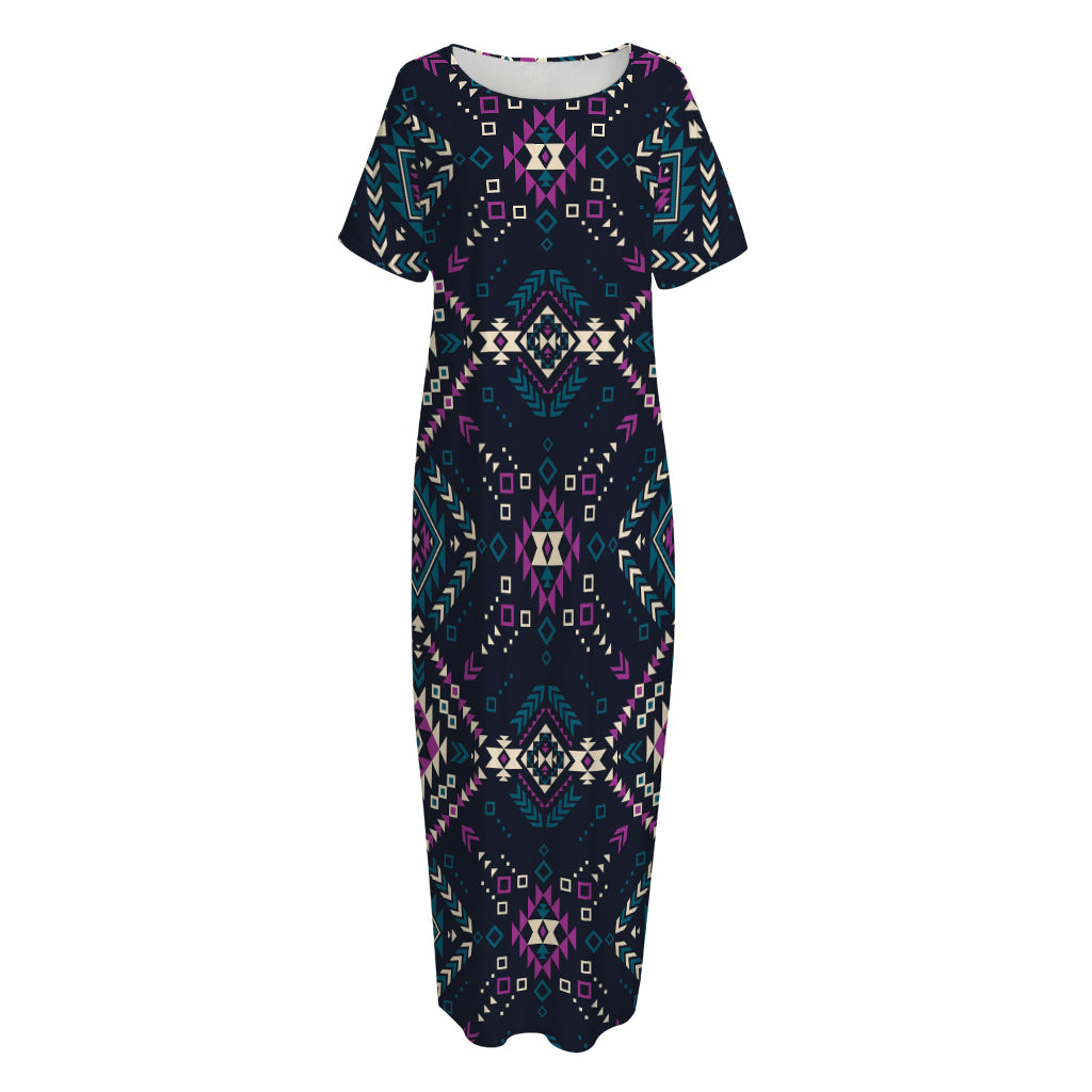 Geometric Ethnic Navajo Pattern Print Short Sleeve Long Nightdress