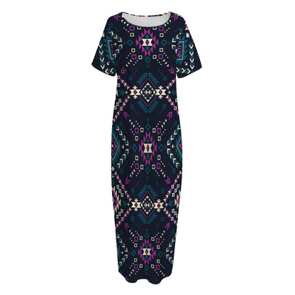 Geometric Ethnic Navajo Pattern Print Short Sleeve Long Nightdress