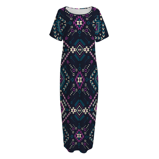 Geometric Ethnic Navajo Pattern Print Short Sleeve Long Nightdress