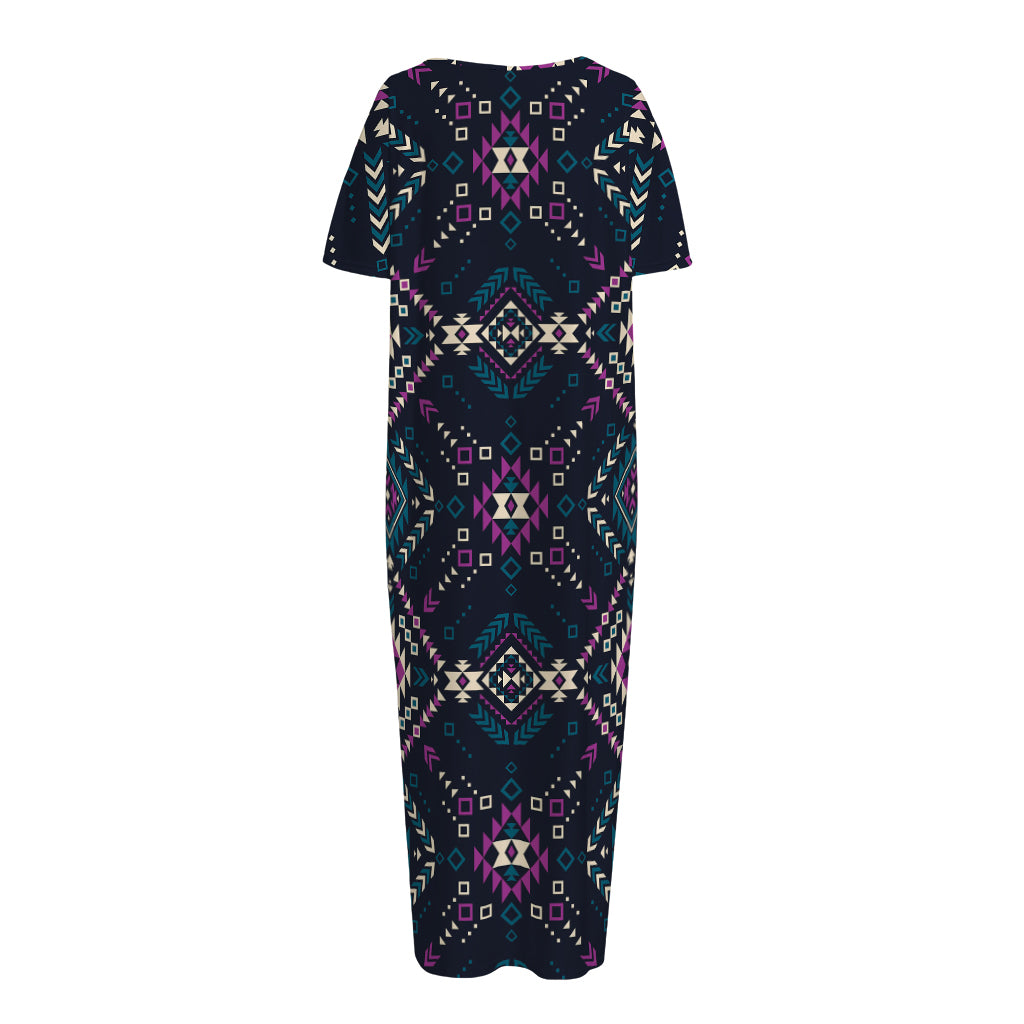 Geometric Ethnic Navajo Pattern Print Short Sleeve Long Nightdress