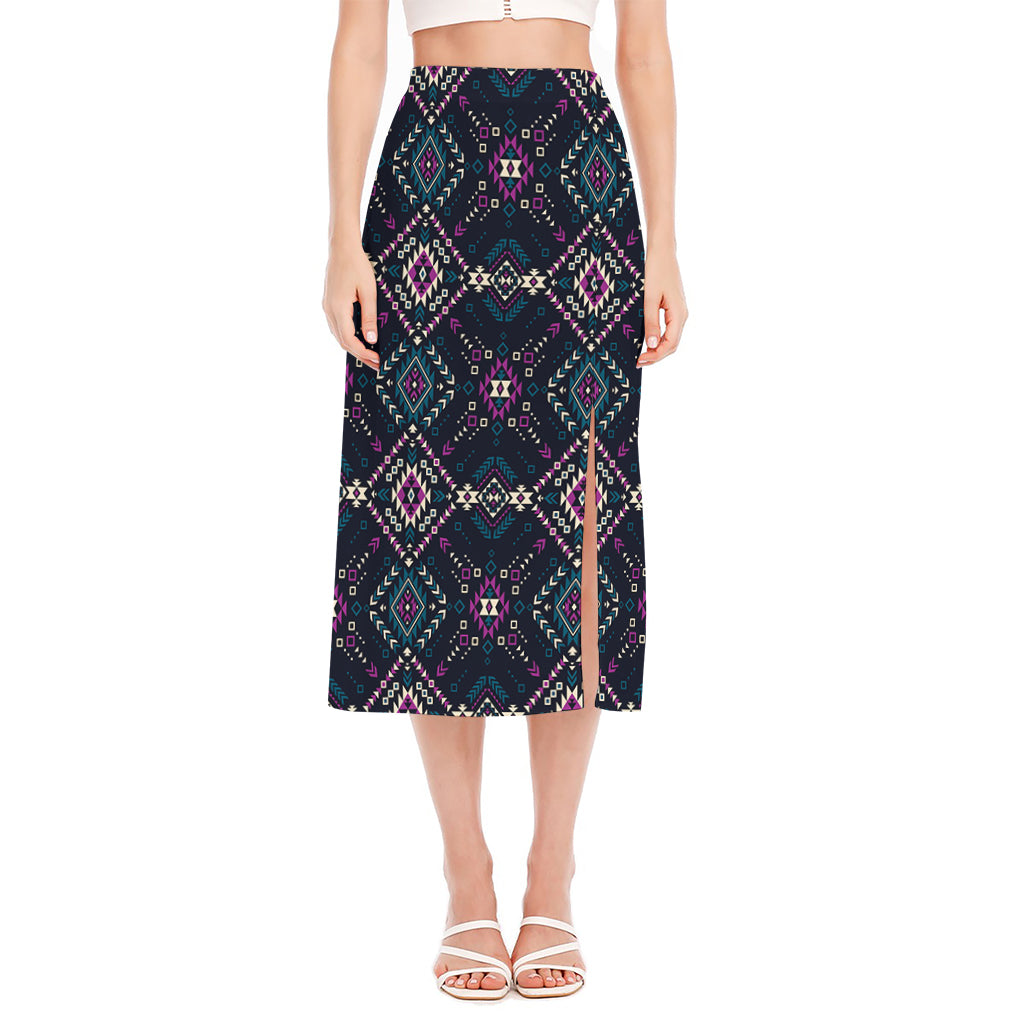 Geometric Ethnic Navajo Pattern Print Side Slit Midi Skirt