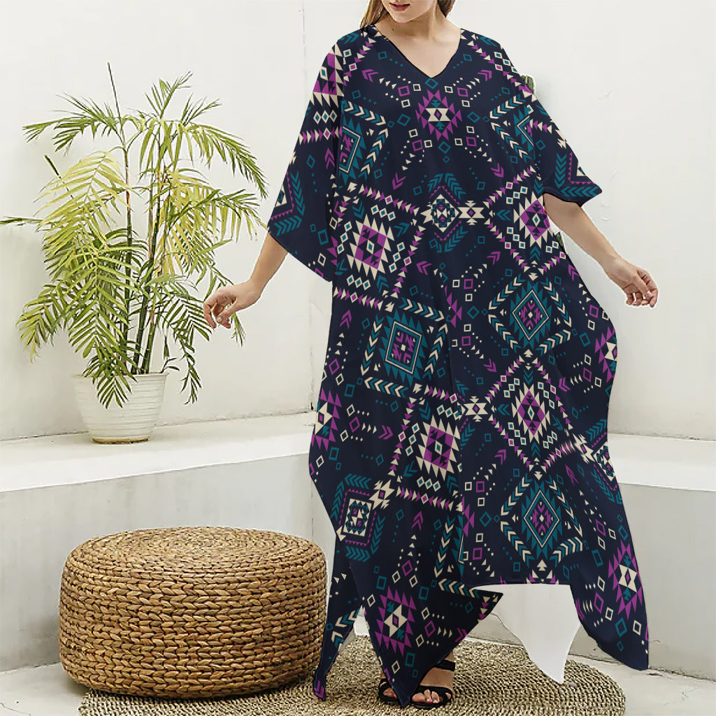 Geometric Ethnic Navajo Pattern Print Silk V-Neck Kaftan Dress