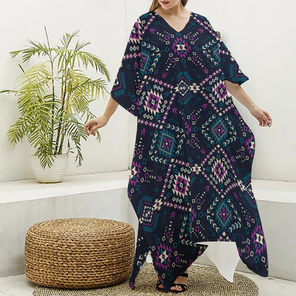 Geometric Ethnic Navajo Pattern Print Silk V-Neck Kaftan Dress