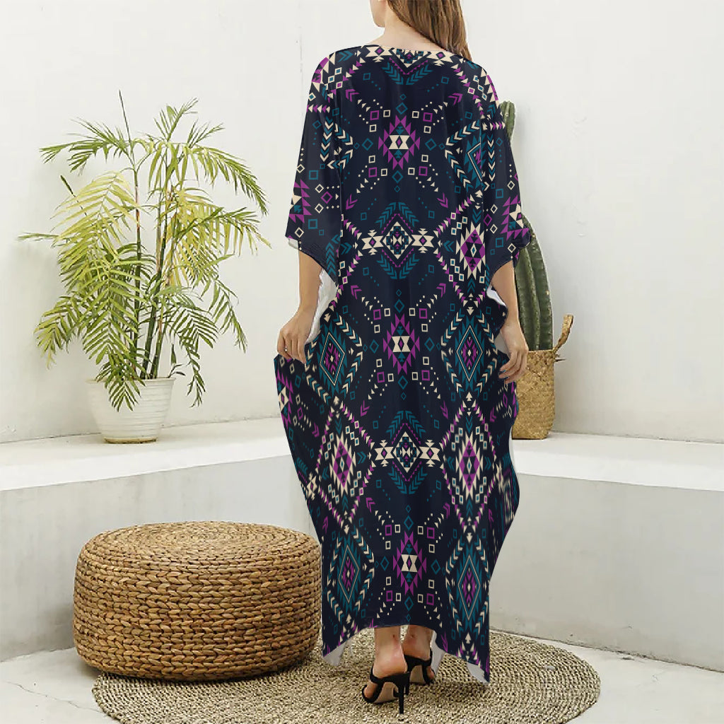 Geometric Ethnic Navajo Pattern Print Silk V-Neck Kaftan Dress