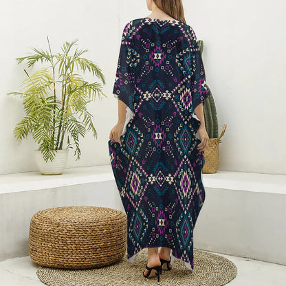 Geometric Ethnic Navajo Pattern Print Silk V-Neck Kaftan Dress