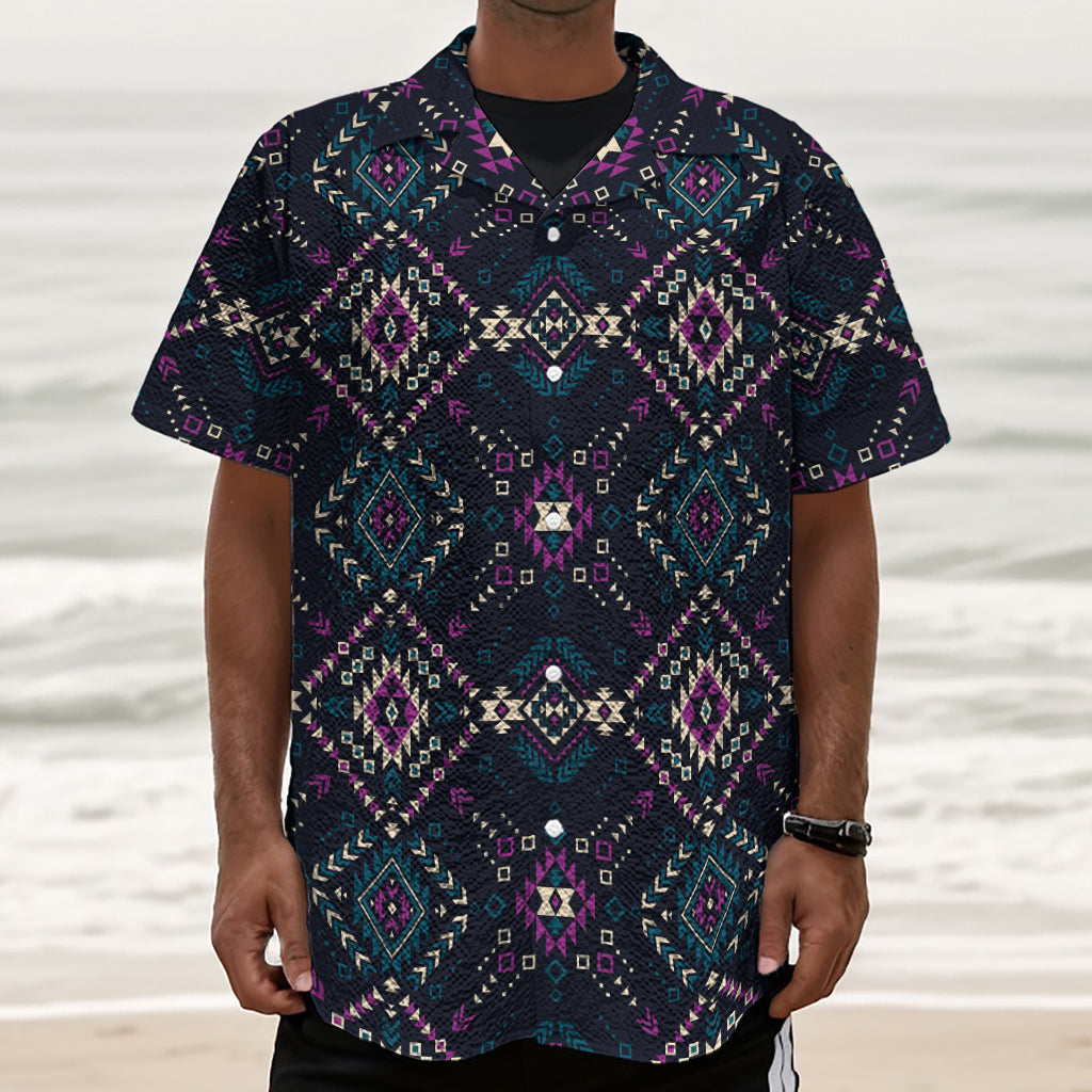 Geometric Ethnic Navajo Pattern Print Textured Short Sleeve Shirt