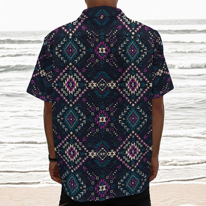 Geometric Ethnic Navajo Pattern Print Textured Short Sleeve Shirt