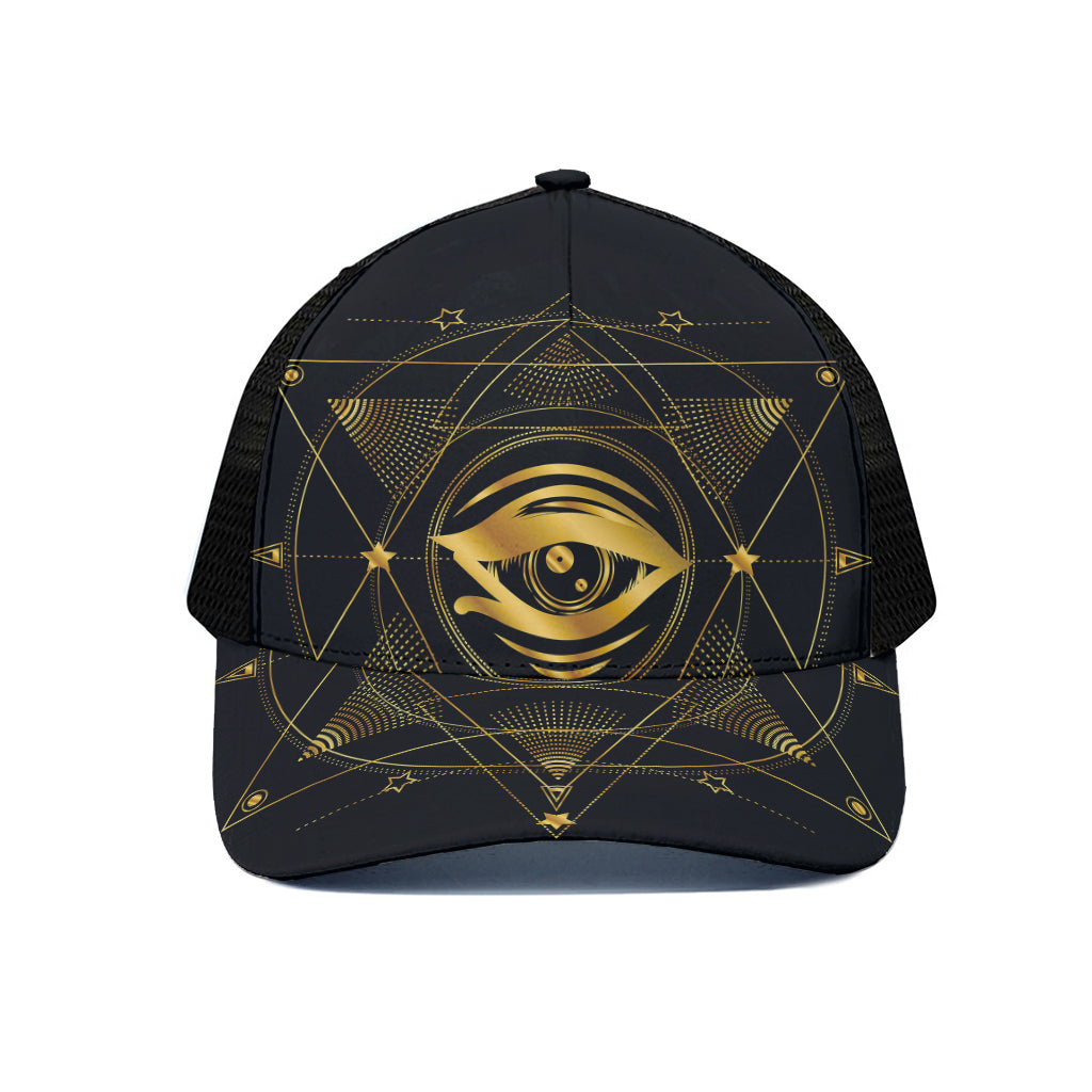 Geometric Eye of Providence Print Black Mesh Trucker Cap