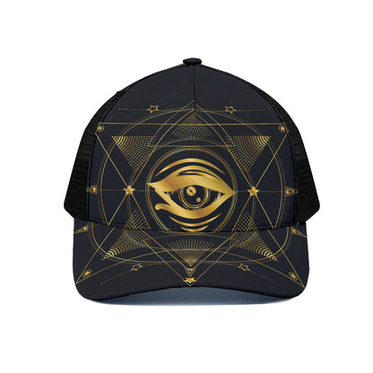 Geometric Eye of Providence Print Black Mesh Trucker Cap