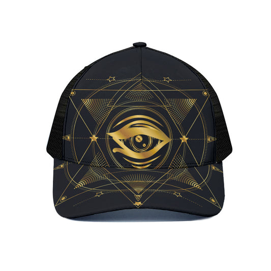 Geometric Eye of Providence Print Black Mesh Trucker Cap