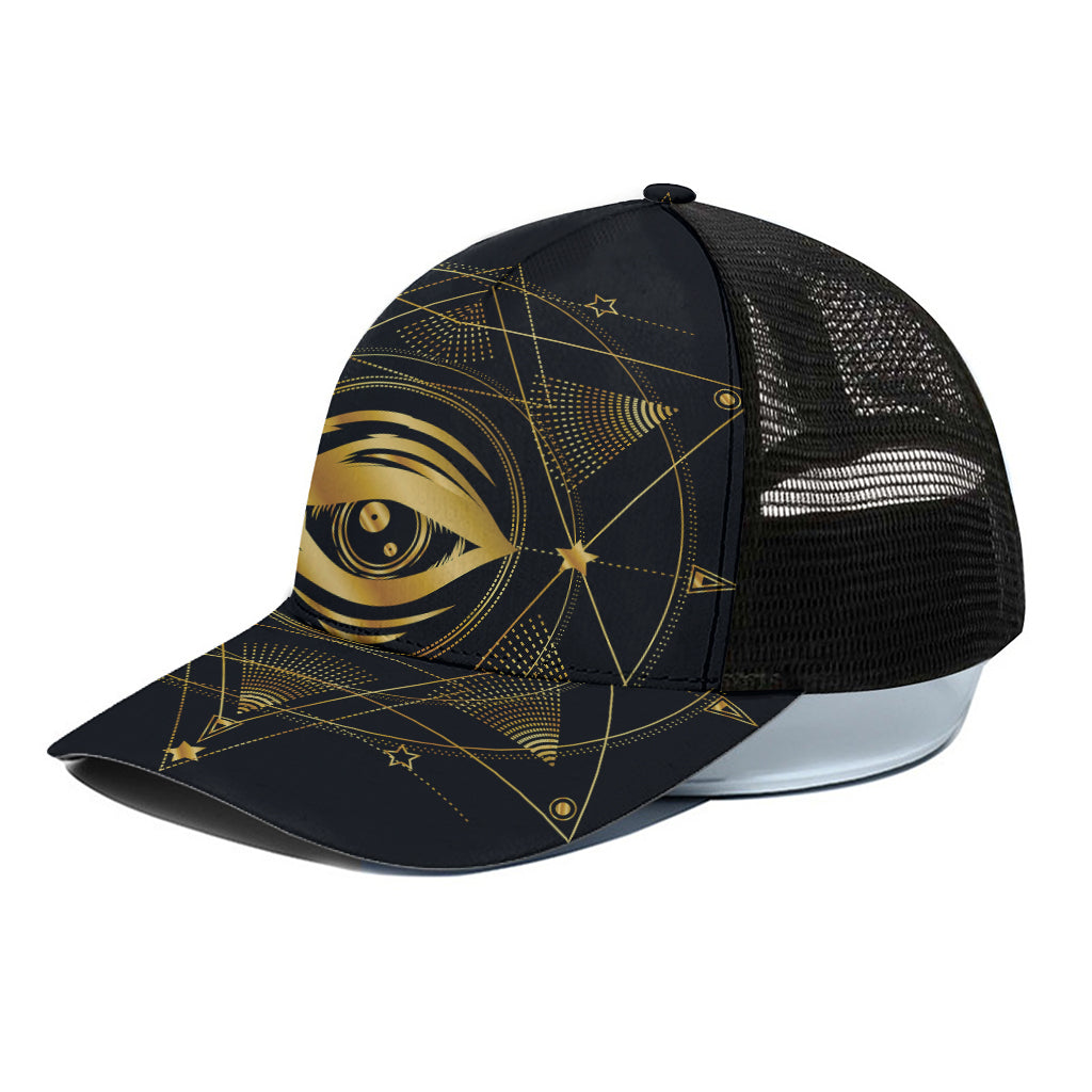 Geometric Eye of Providence Print Black Mesh Trucker Cap