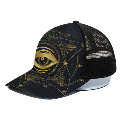 Geometric Eye of Providence Print Black Mesh Trucker Cap