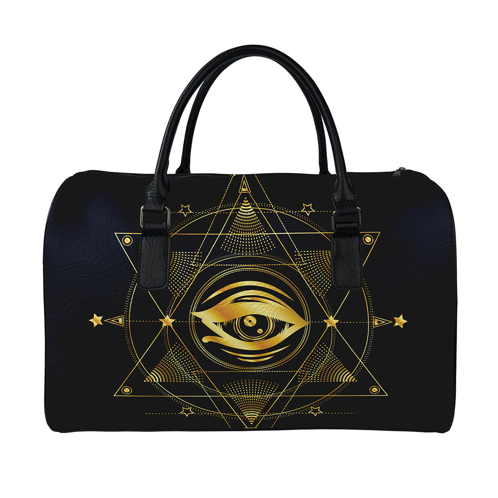 Geometric Eye of Providence Print Leather Duffle Bag