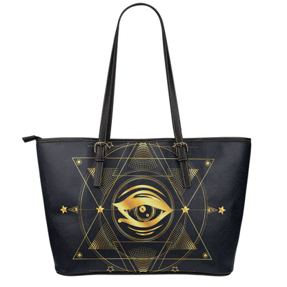 Geometric Eye of Providence Print Leather Tote Bag