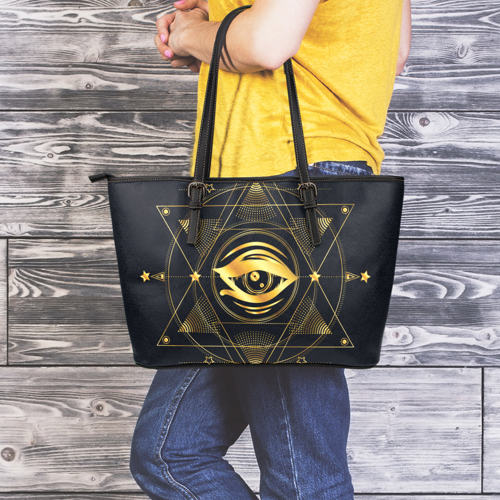 Geometric Eye of Providence Print Leather Tote Bag
