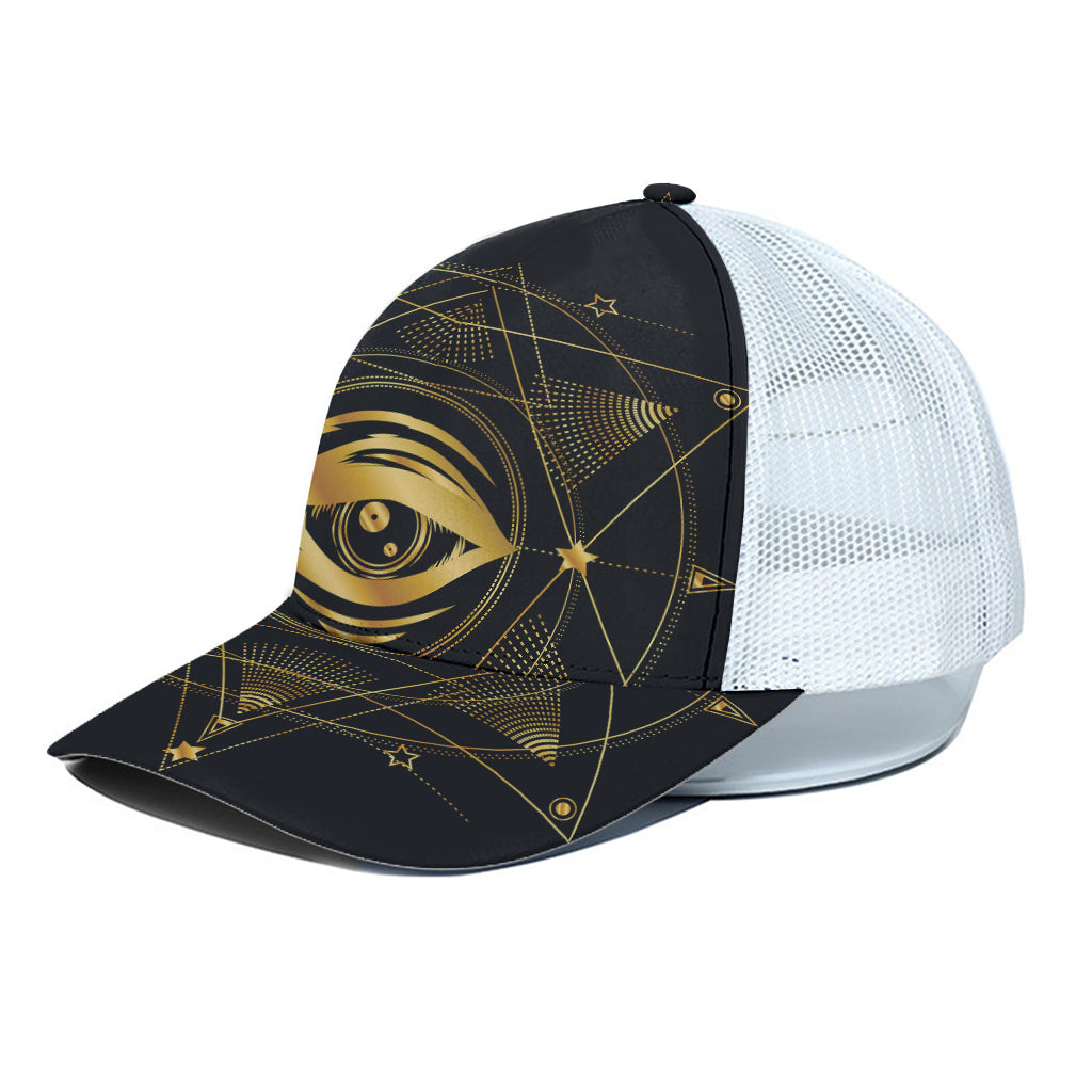 Geometric Eye of Providence Print White Mesh Trucker Cap