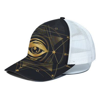 Geometric Eye of Providence Print White Mesh Trucker Cap