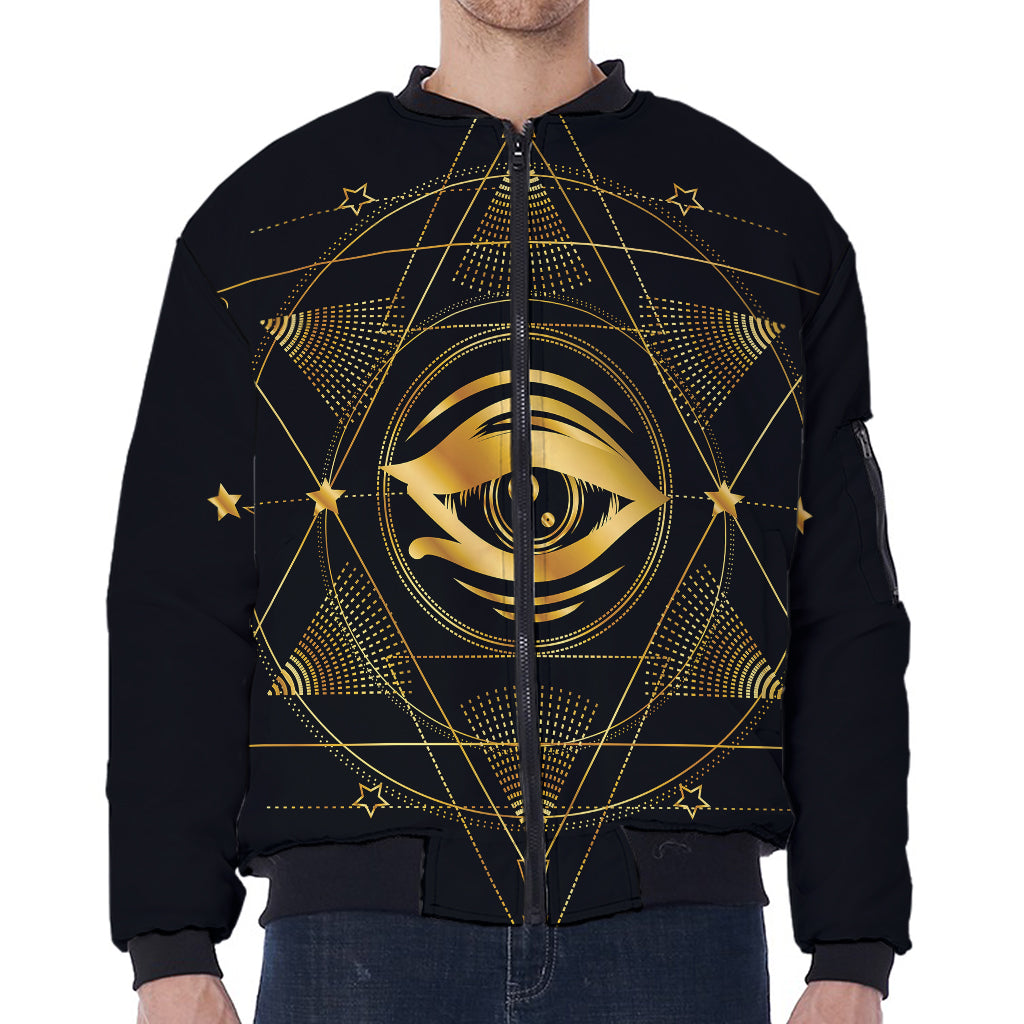 Geometric Eye of Providence Print Zip Sleeve Bomber Jacket