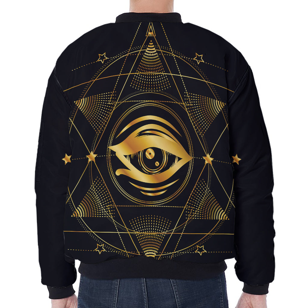 Geometric Eye of Providence Print Zip Sleeve Bomber Jacket