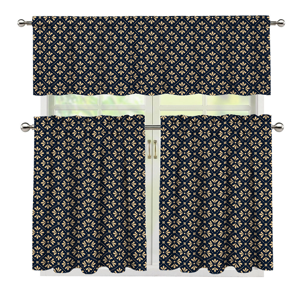 Geometric Floral Print 3 Piece Kitchen Curtains