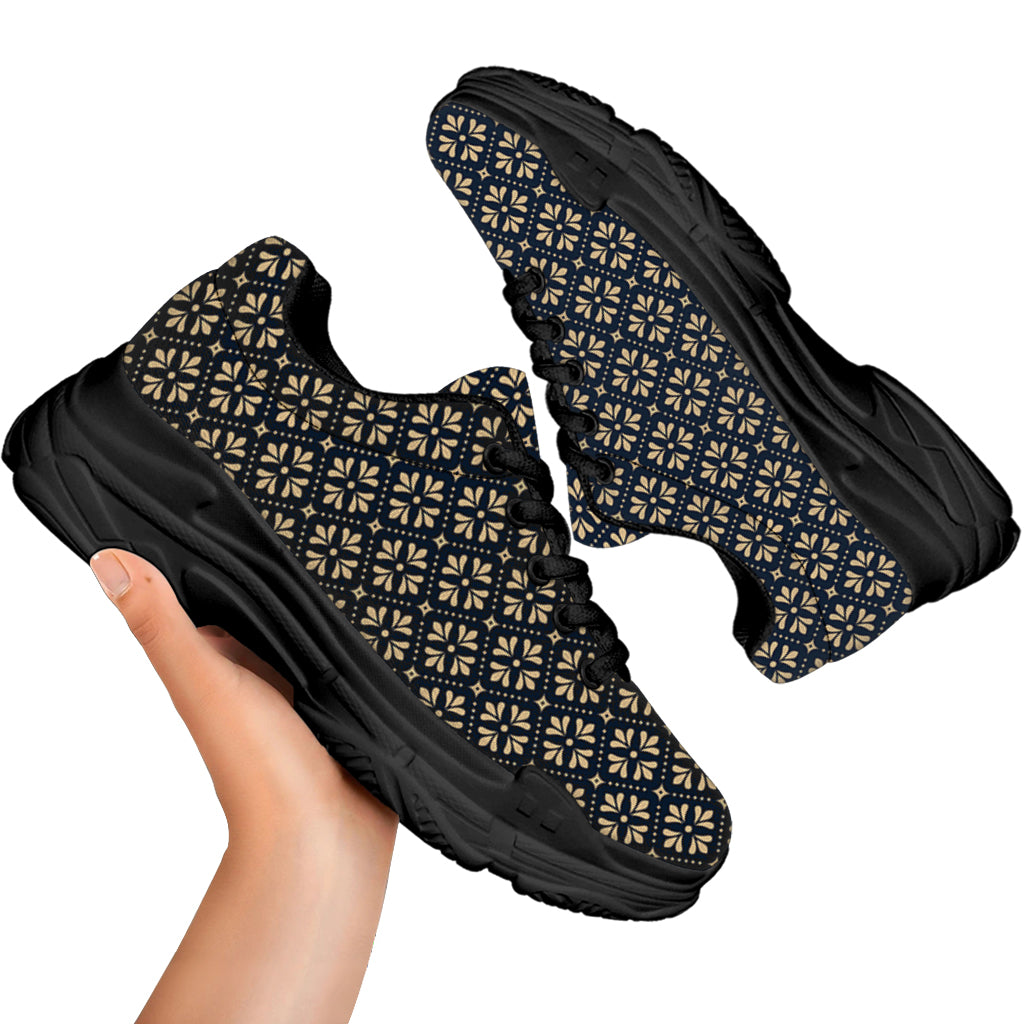 Geometric Floral Print Black Chunky Shoes